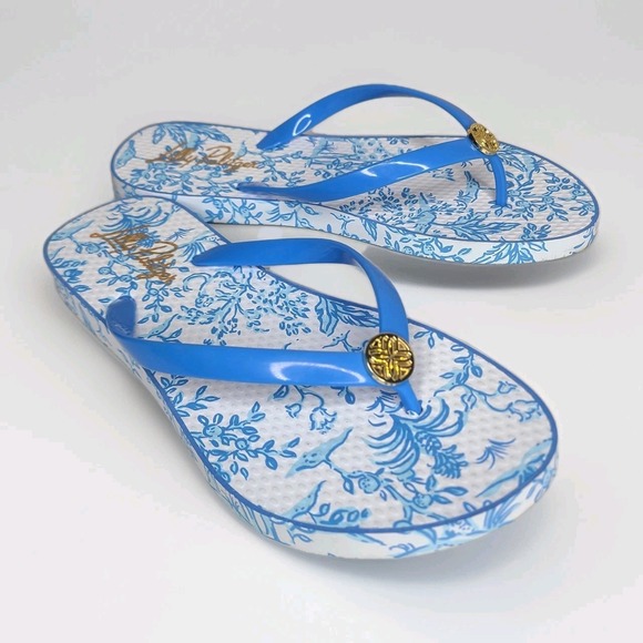 Lilly Pulitzer Pool Flip Flops Blue White Floral Size 8 - Picture 1 of 6